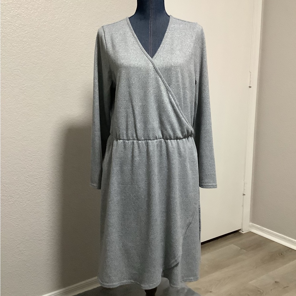 Derek Heart Gray Wrap-Style Faux Long Sleeve V-neck Winter Dress Women's Size 2X